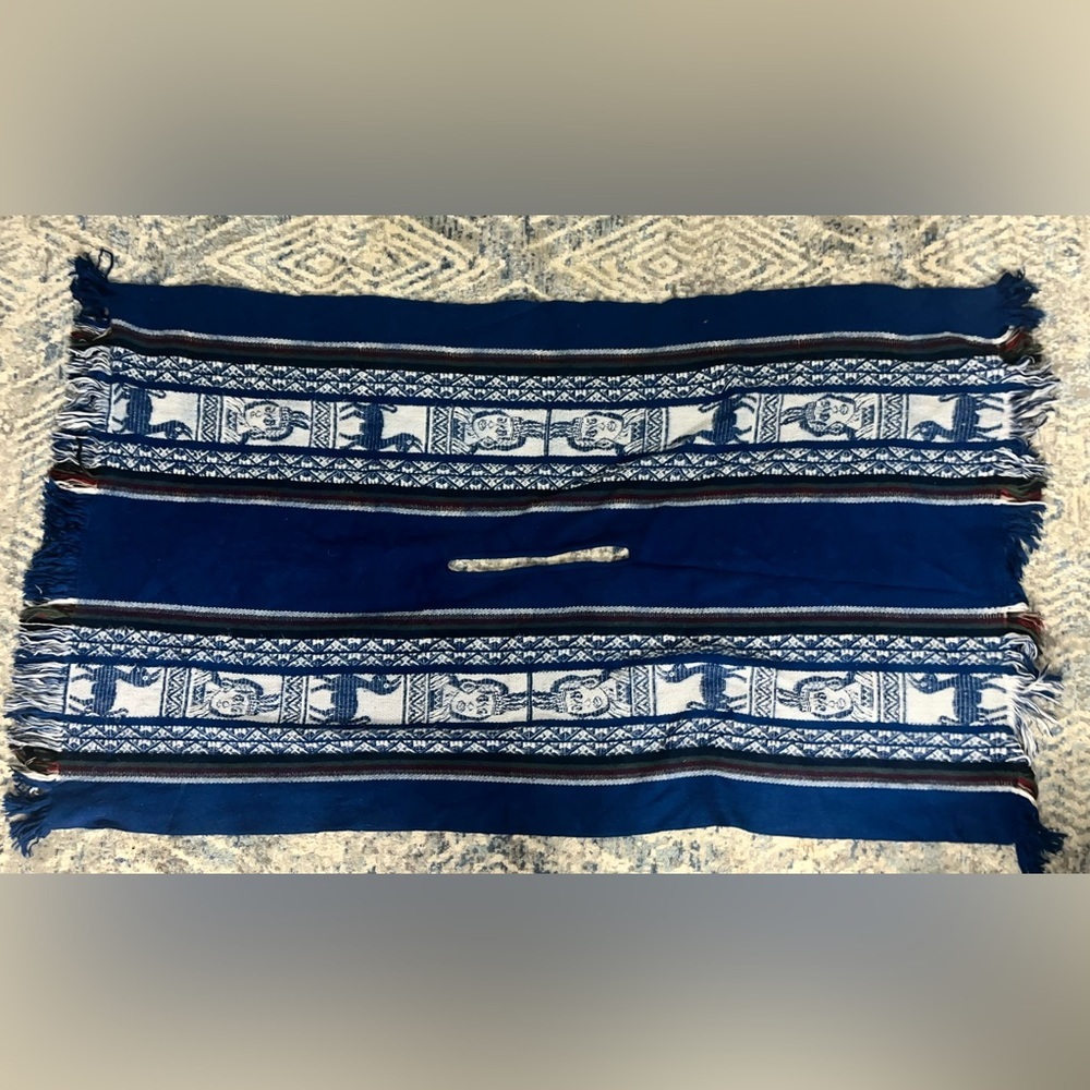 VTG Wool Blue Native Hand Made Llama Native American Man Poncho Fringe 44”x78”